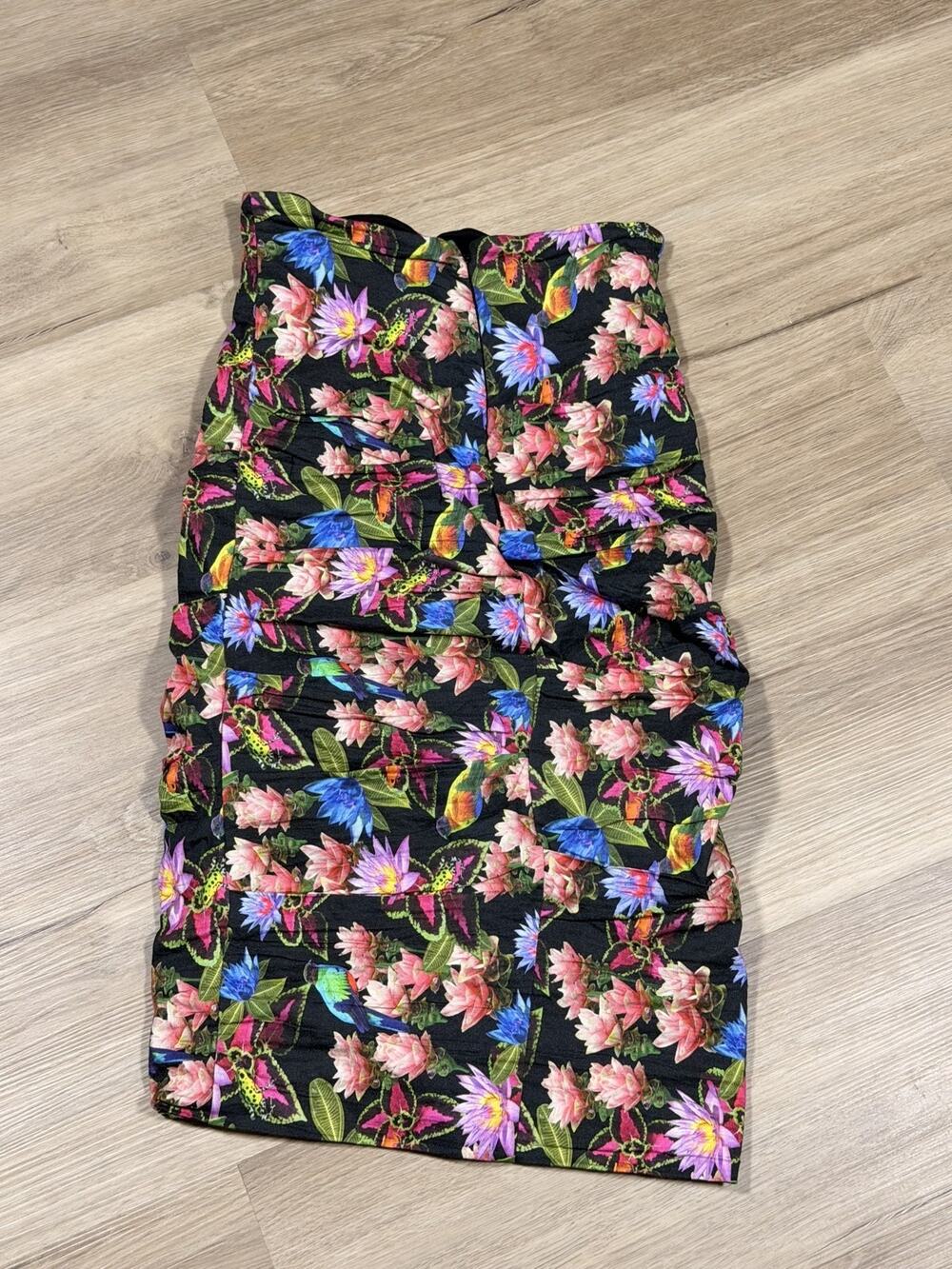 Nicole Miller Artelier Strapless Ruched Mini Dress Womens 2 Black Floral Print